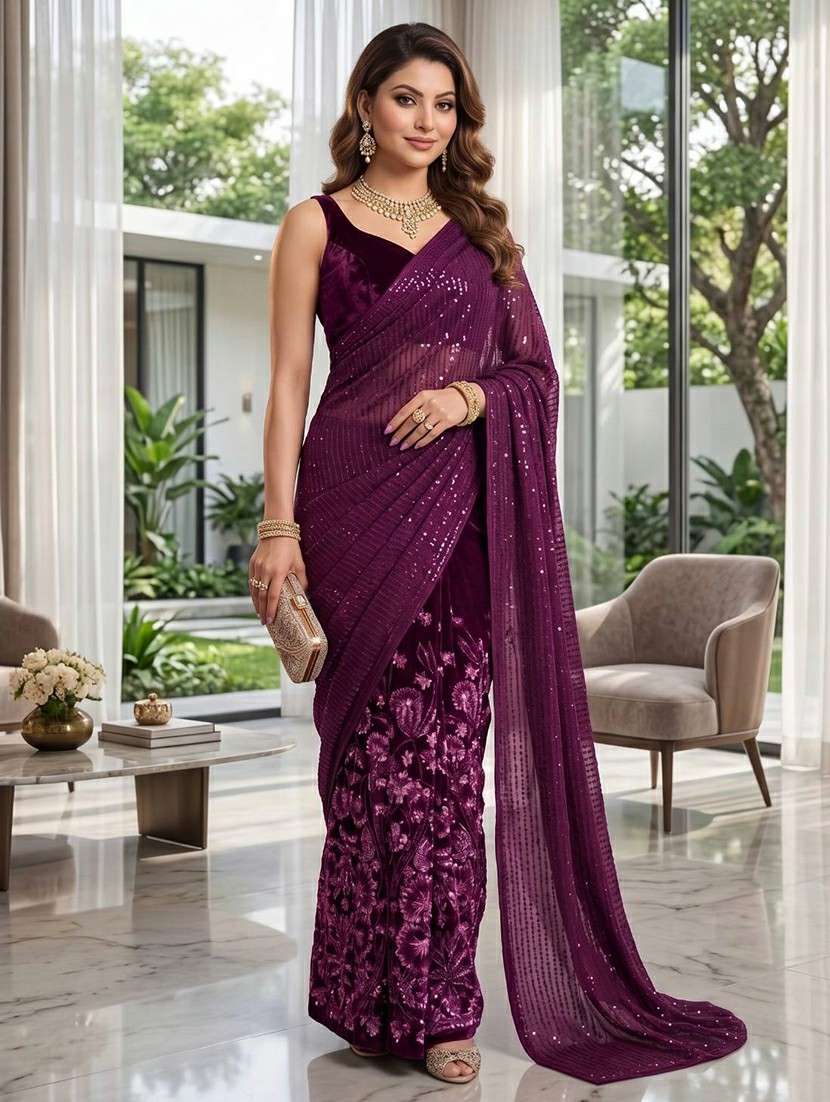 women solid with work embellished saree with blouse