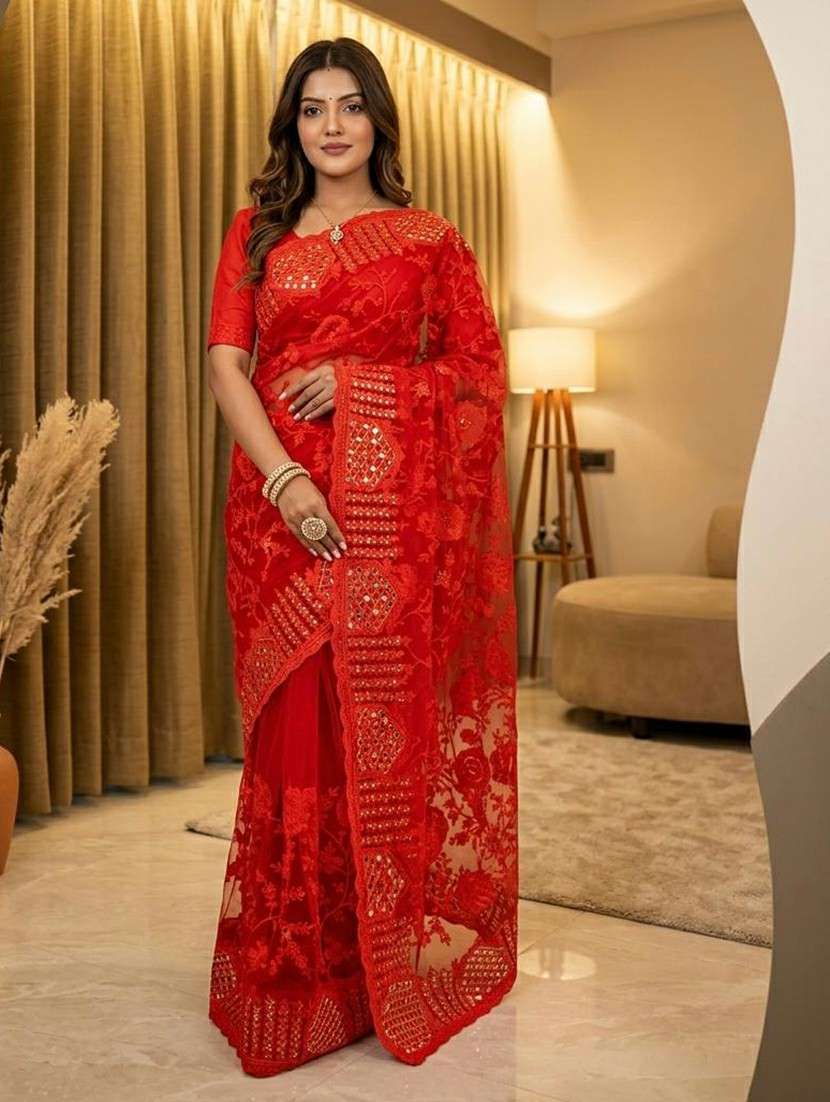 women solid with work embroidered saree with blouse