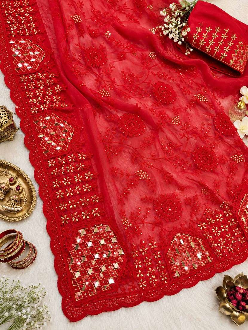 Women Solid With Work Embroidered Saree With Blouse - 22727079 -  Standard Image - 5