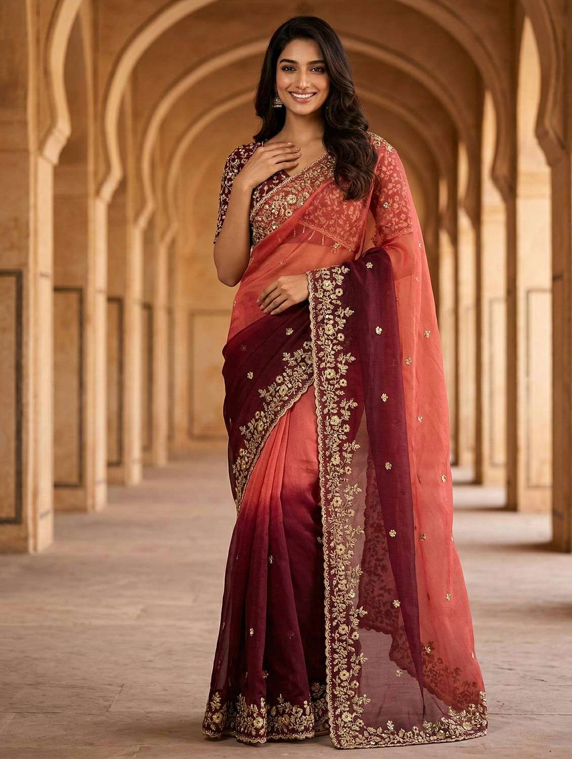 women ombre embroidered saree with blouse