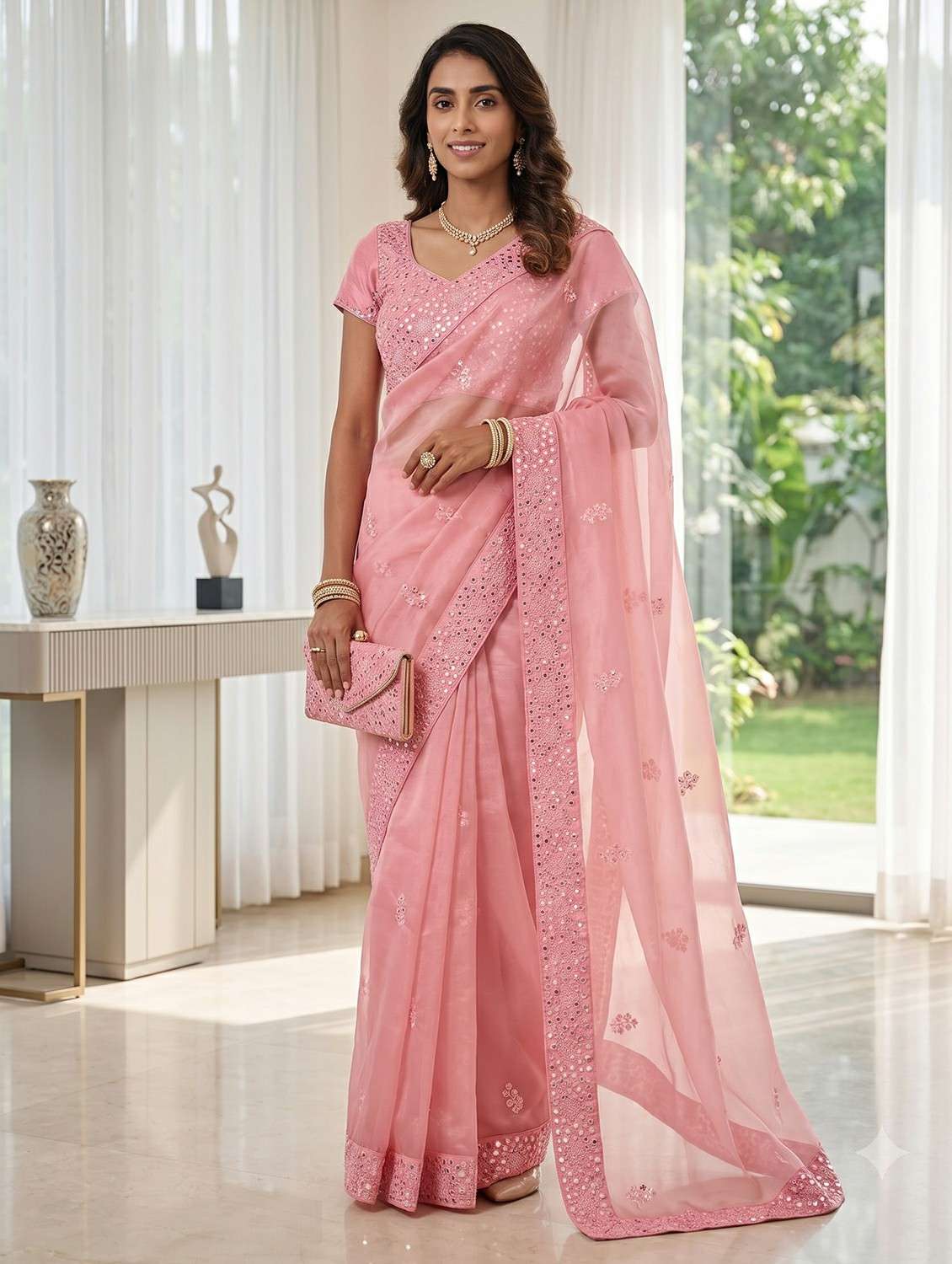 women solid with work embroidered saree with blouse