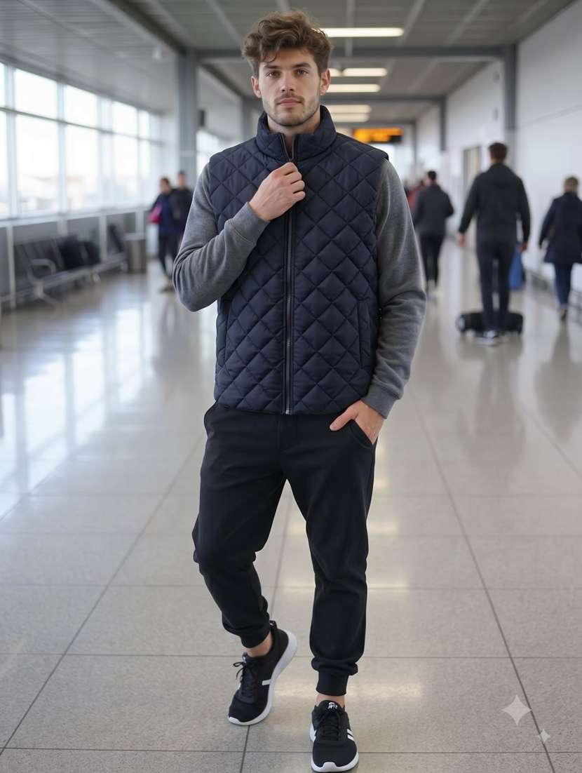 men solid sleeveless lightweight quilted jacket