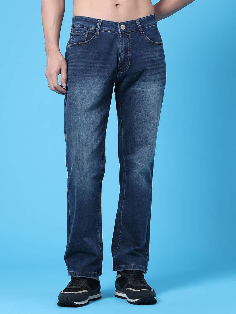 men washed mid rise full length straight jeans