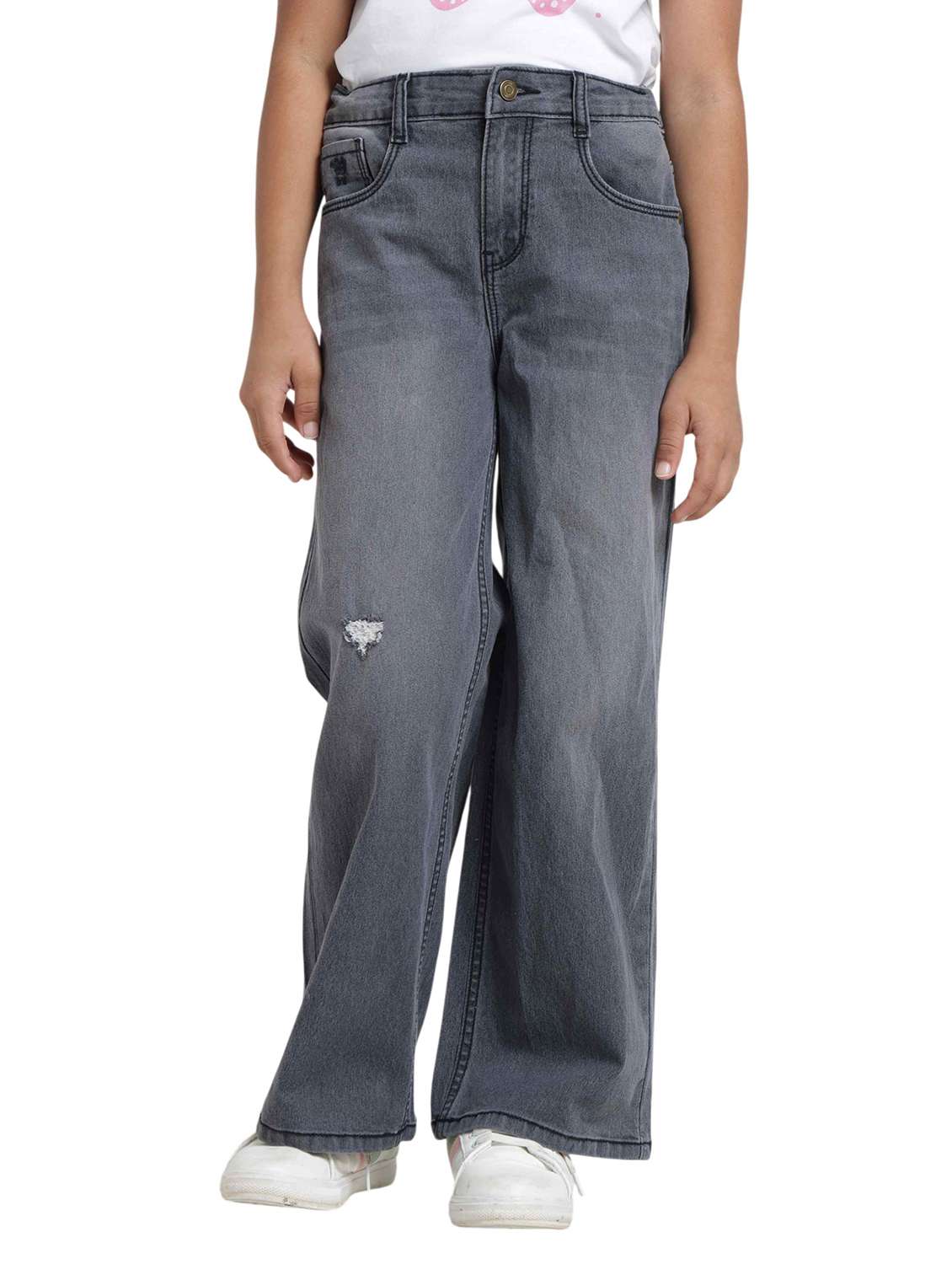 girls distressed mid rise wide leg jeans