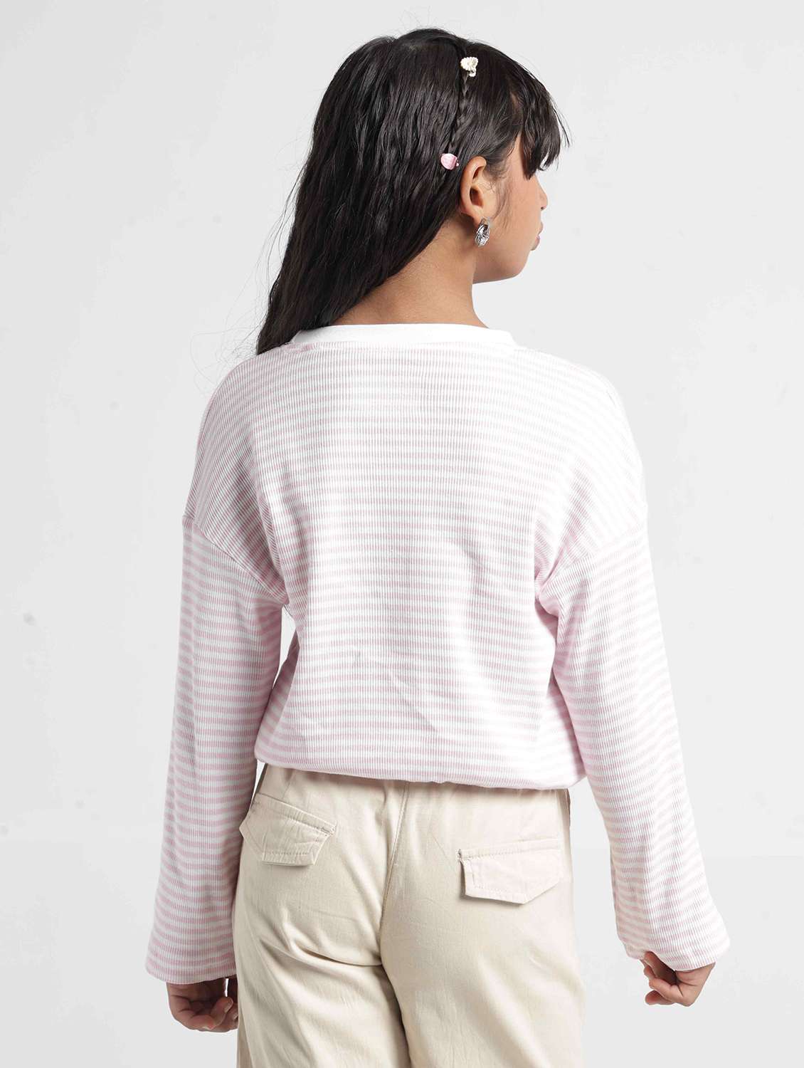 Girls Striped Long Sleeves Regular Fit Tee - 22727295 -  Standard Image - 3