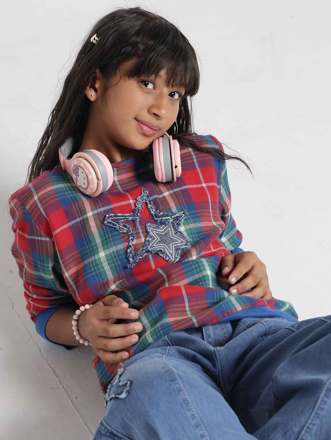girls checkered long sleeves regular fit sweatshirt