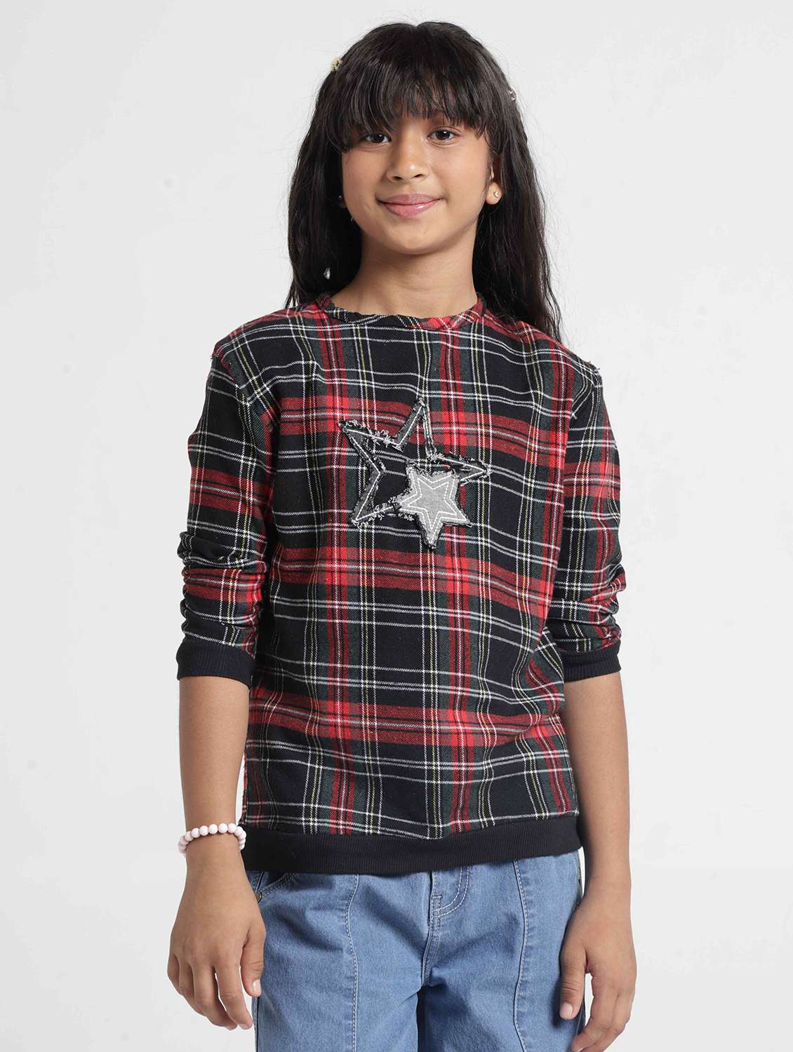 girls checkered long sleeves regular fit sweatshirt