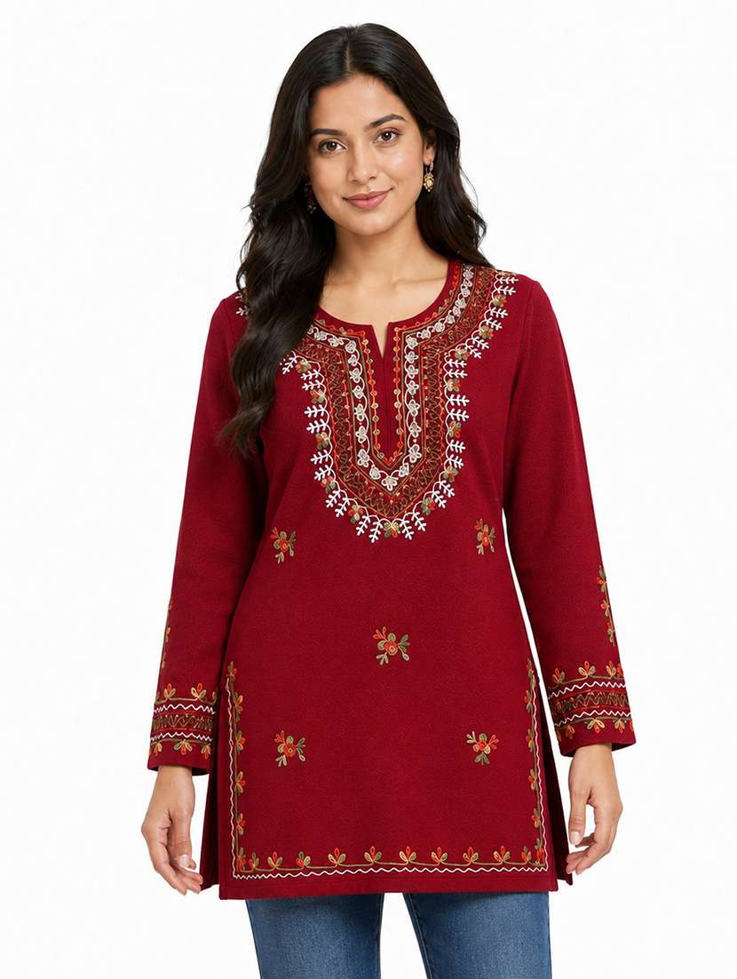 women embroidered long sleeves straight kurti
