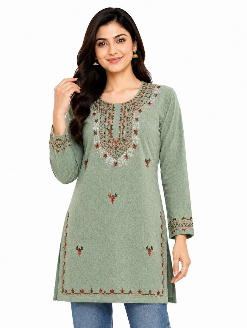 women embroidered long sleeves straight kurti