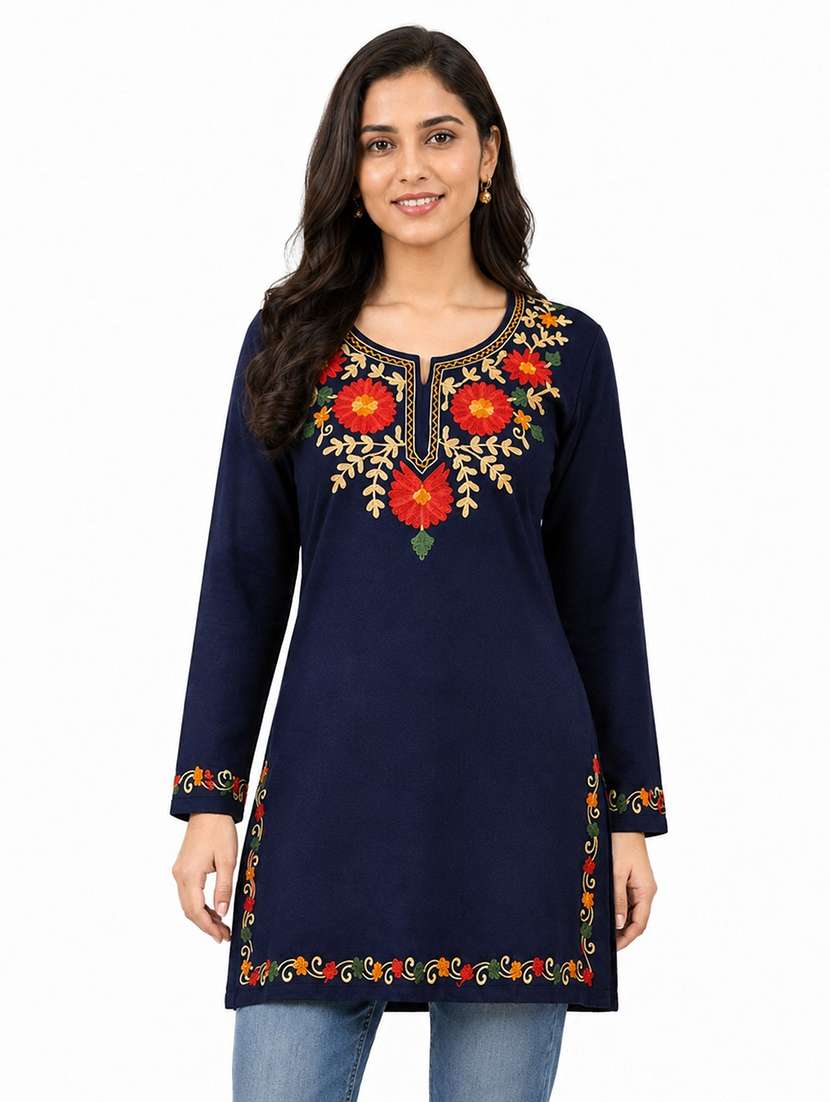 women embroidered long sleeves straight kurti