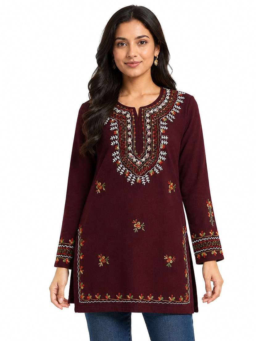 women embroidered long sleeves straight kurti