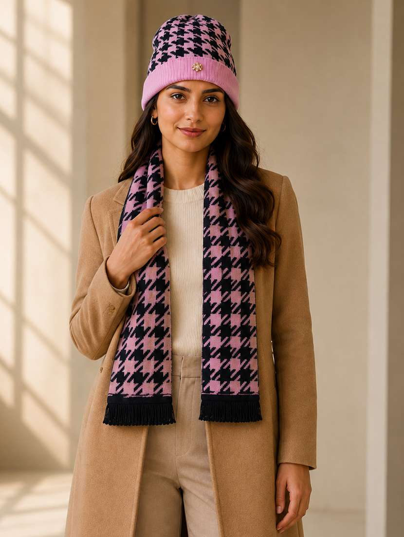women houndstooth beanie and a matching muffer set