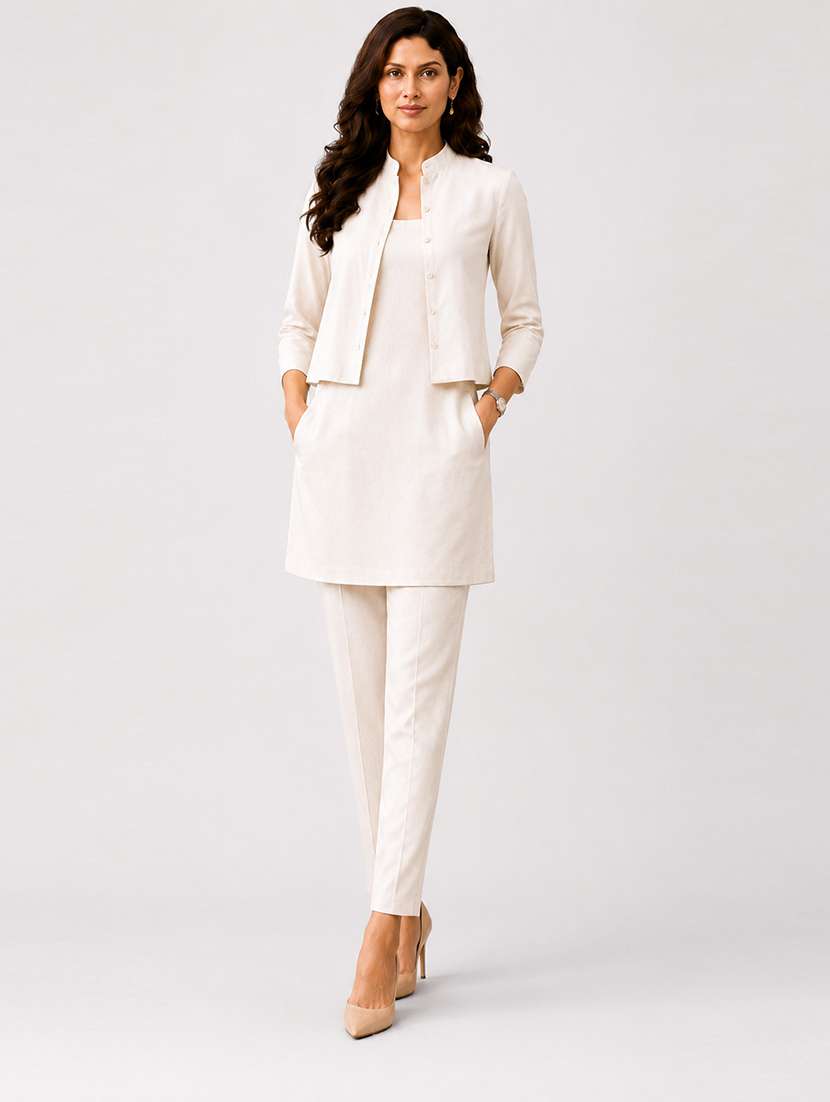 women solid three quarter sleeves straight kurta with jacket