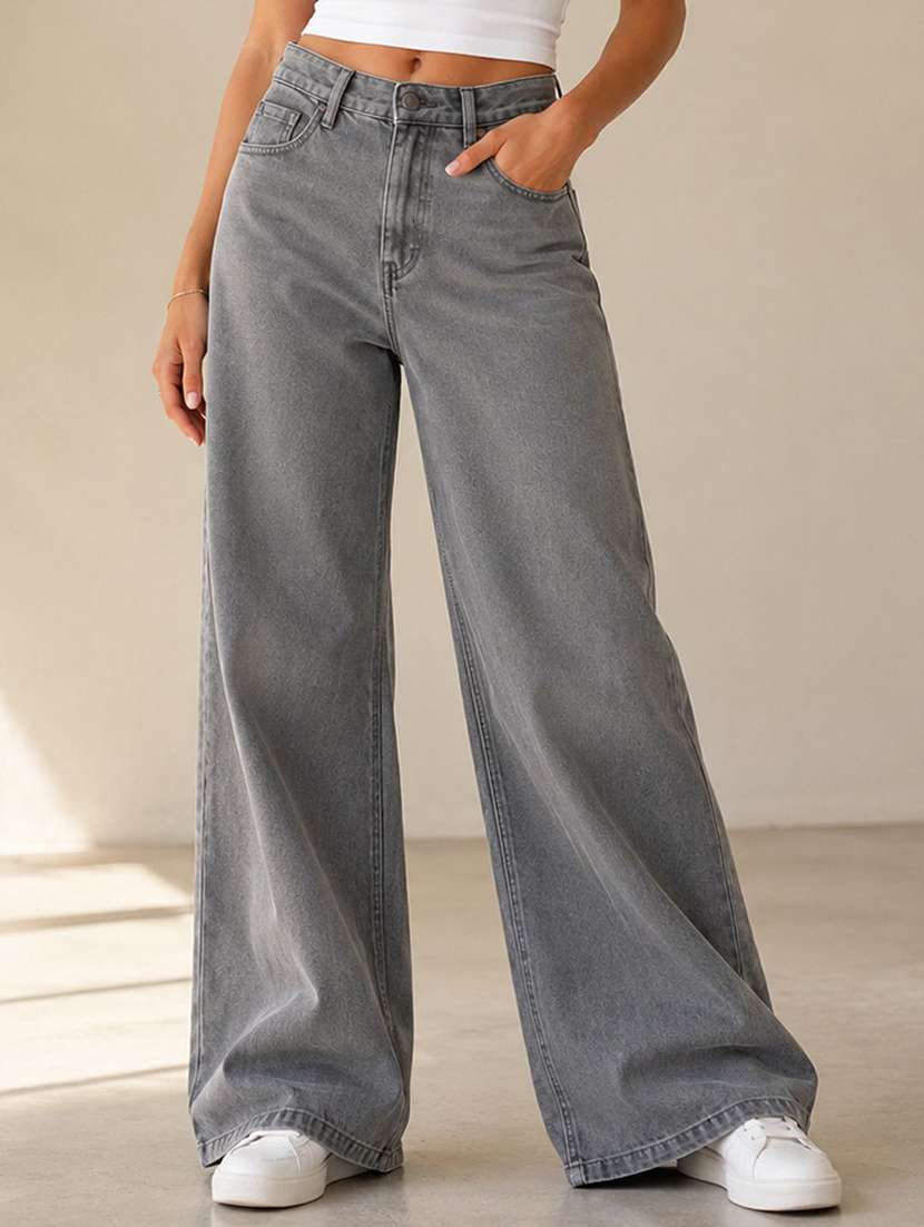 women washed mid rise wide leg jeans