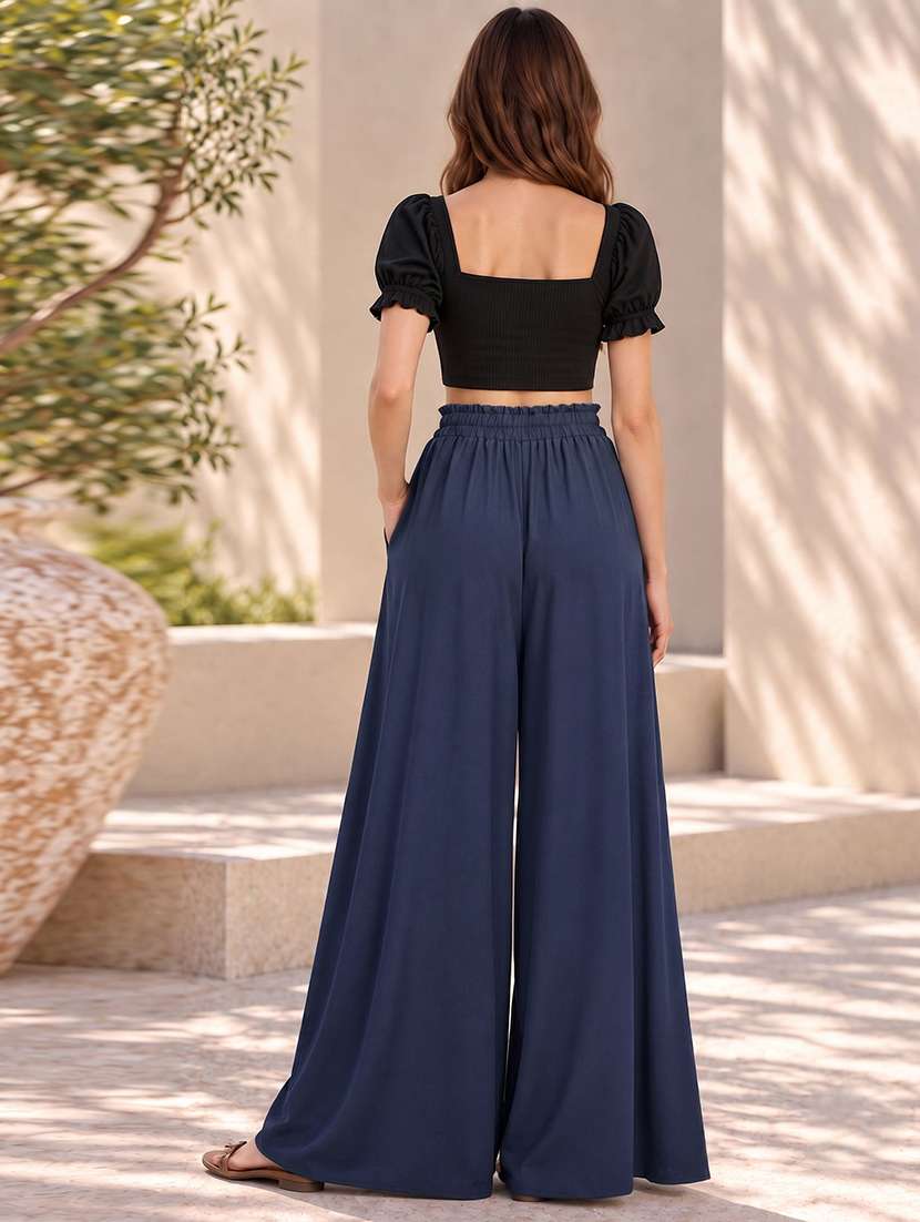 Women Solid Mid Rise Flared Palazzo - 22728245 -  Standard Image - 3