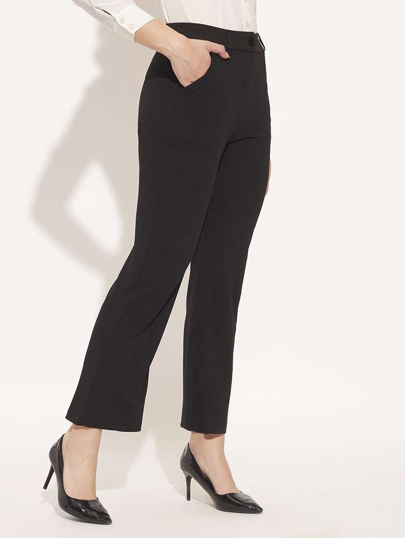 women solid mid rise straight trouser