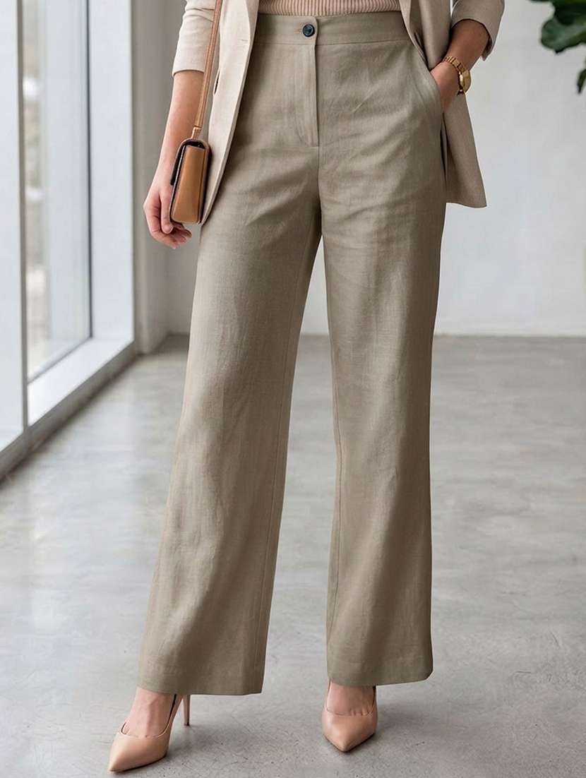 women solid high rise straight trouser