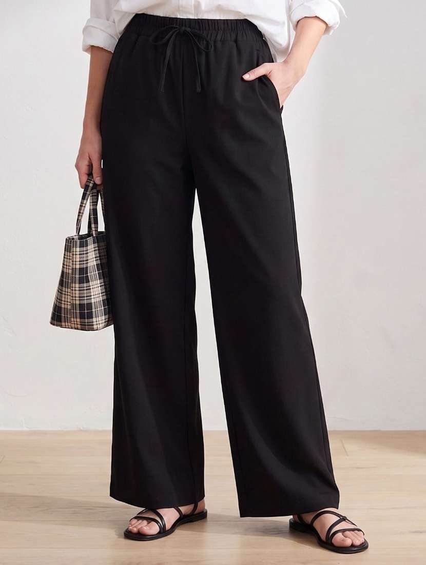 women solid high rise straight trouser