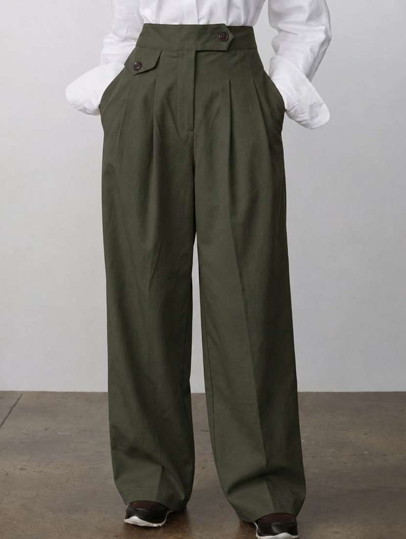 women solid high rise straight trouser