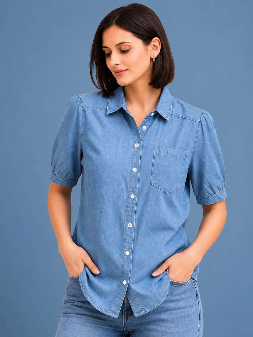 women solid puff sleeves regular shirt