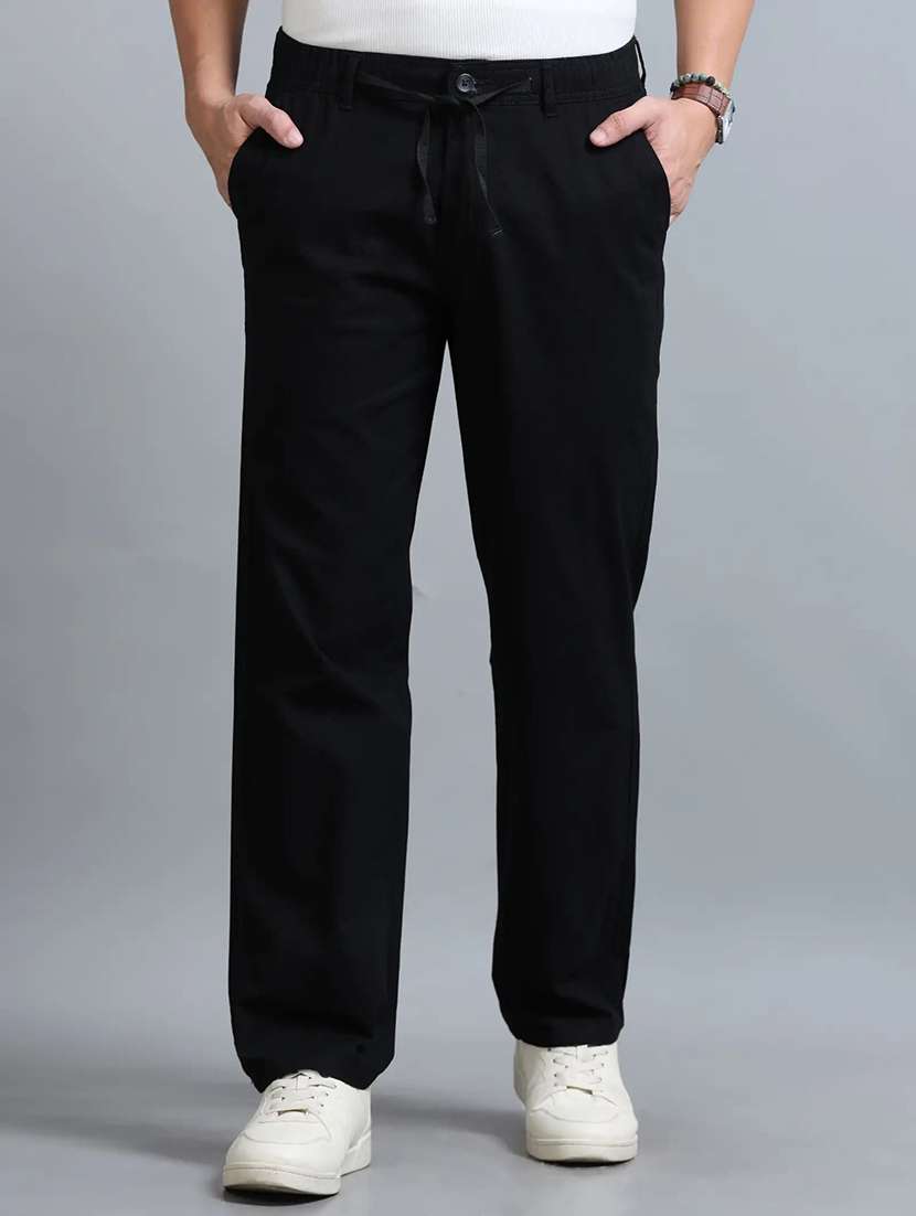men solid mid rise regular fit casual trouser
