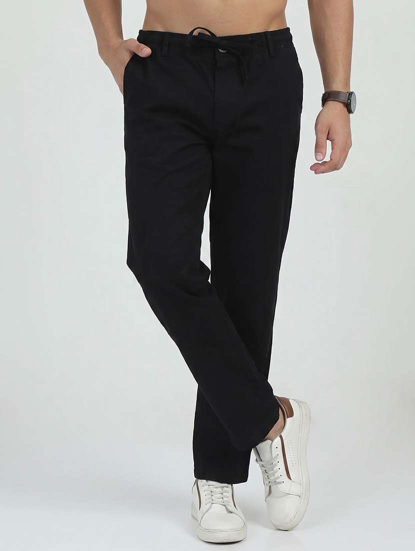 men solid mid rise regular fit casual trouser