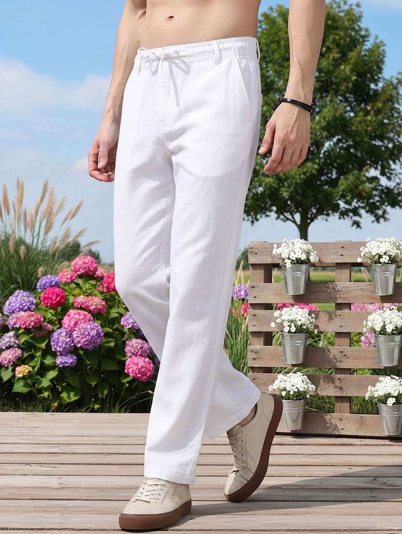 men solid mid rise flat front casual trouser