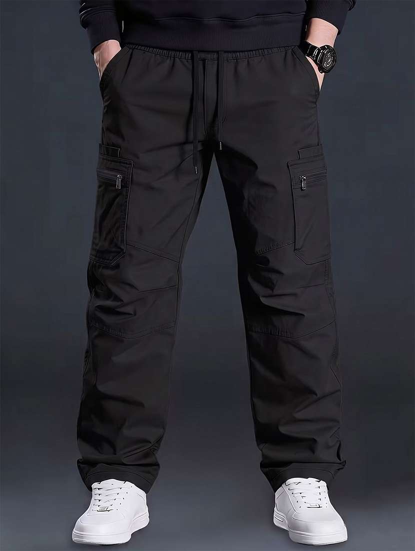 men solid mid rise loose fit cargo 