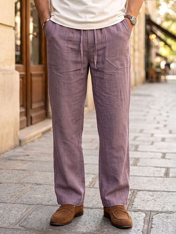 men solid mid rise flat front casual trouser