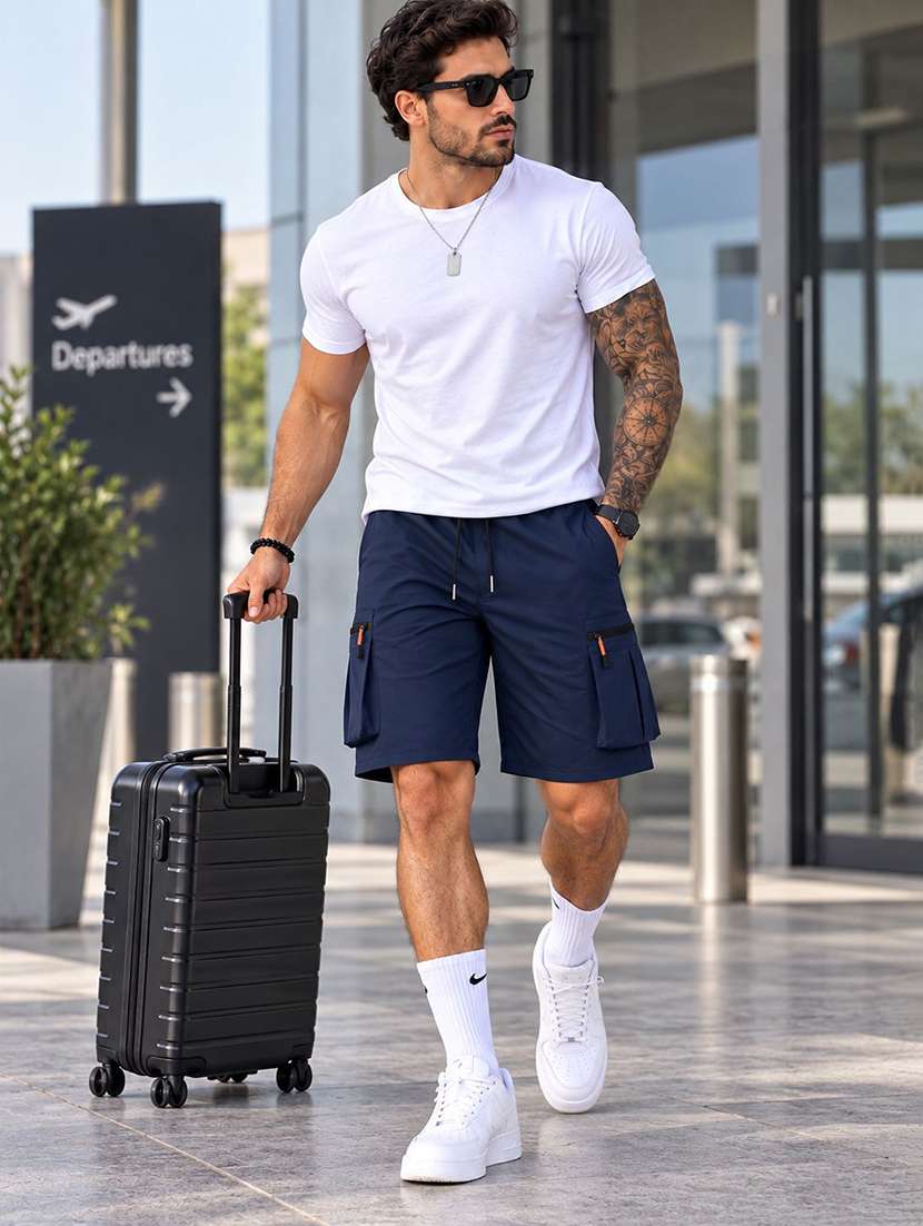 Men Solid Mid Rise Regular Fit Cargo Shorts - 22728609 -  Standard Image - 3