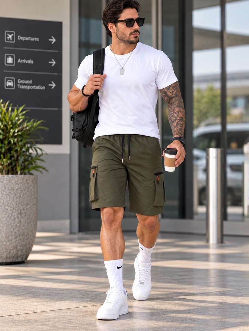 Men Solid Mid Rise Regular Fit Cargo Shorts - 22728613 -  Standard Image - 3