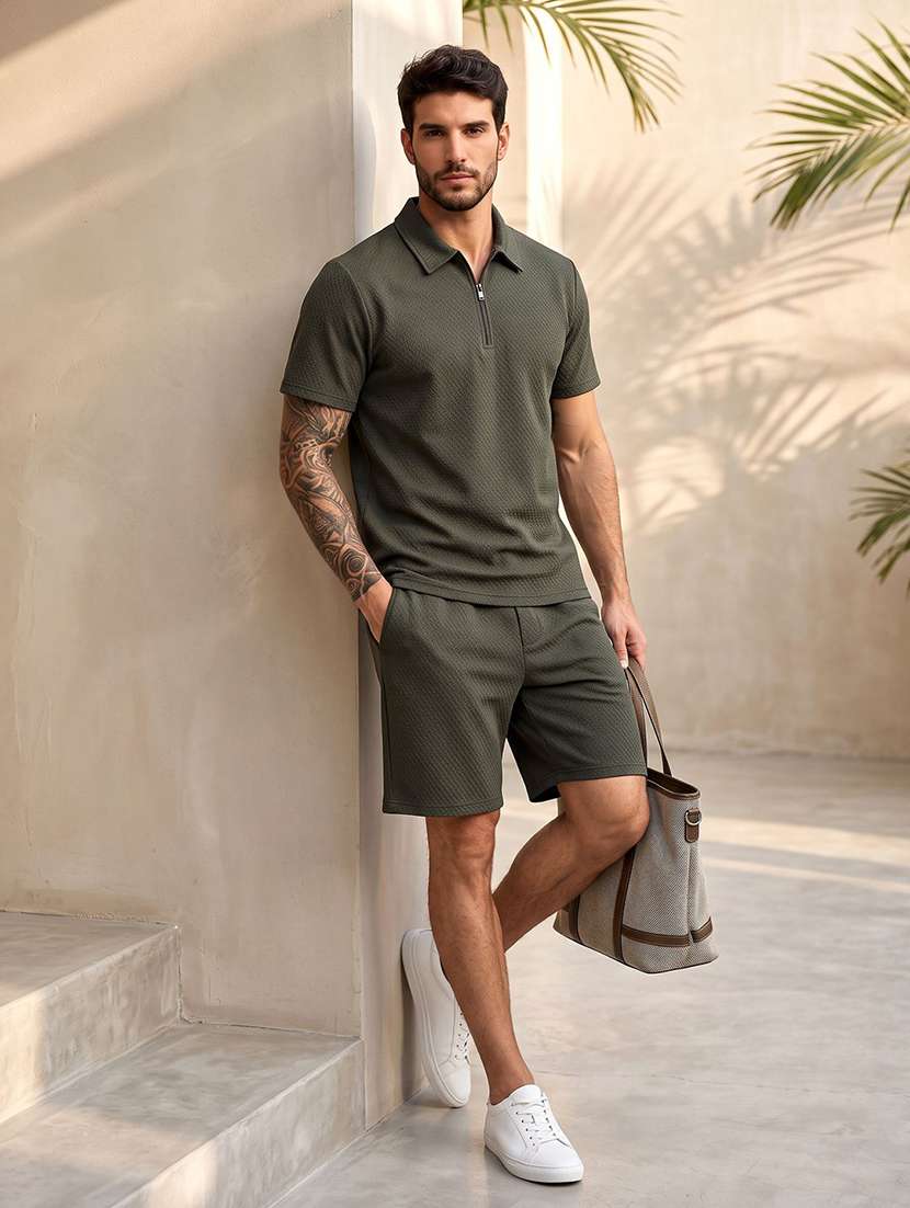Men Self Design Short Sleeve Shorts & T-shirt Co-ord Set - 22728659 -  Standard Image - 3