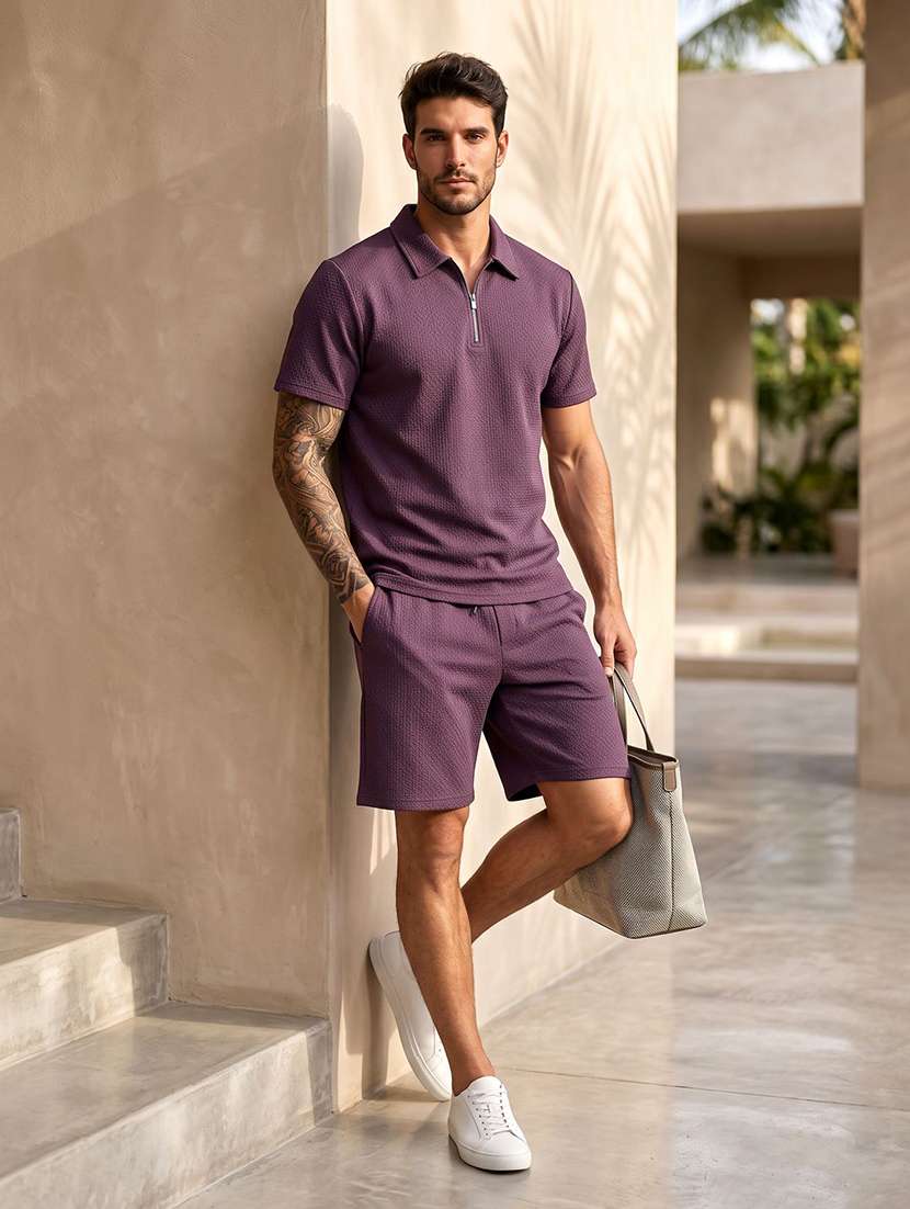 Men Self Design Short Sleeve Shorts & T-shirt Co-ord Set - 22728661 -  Standard Image - 3