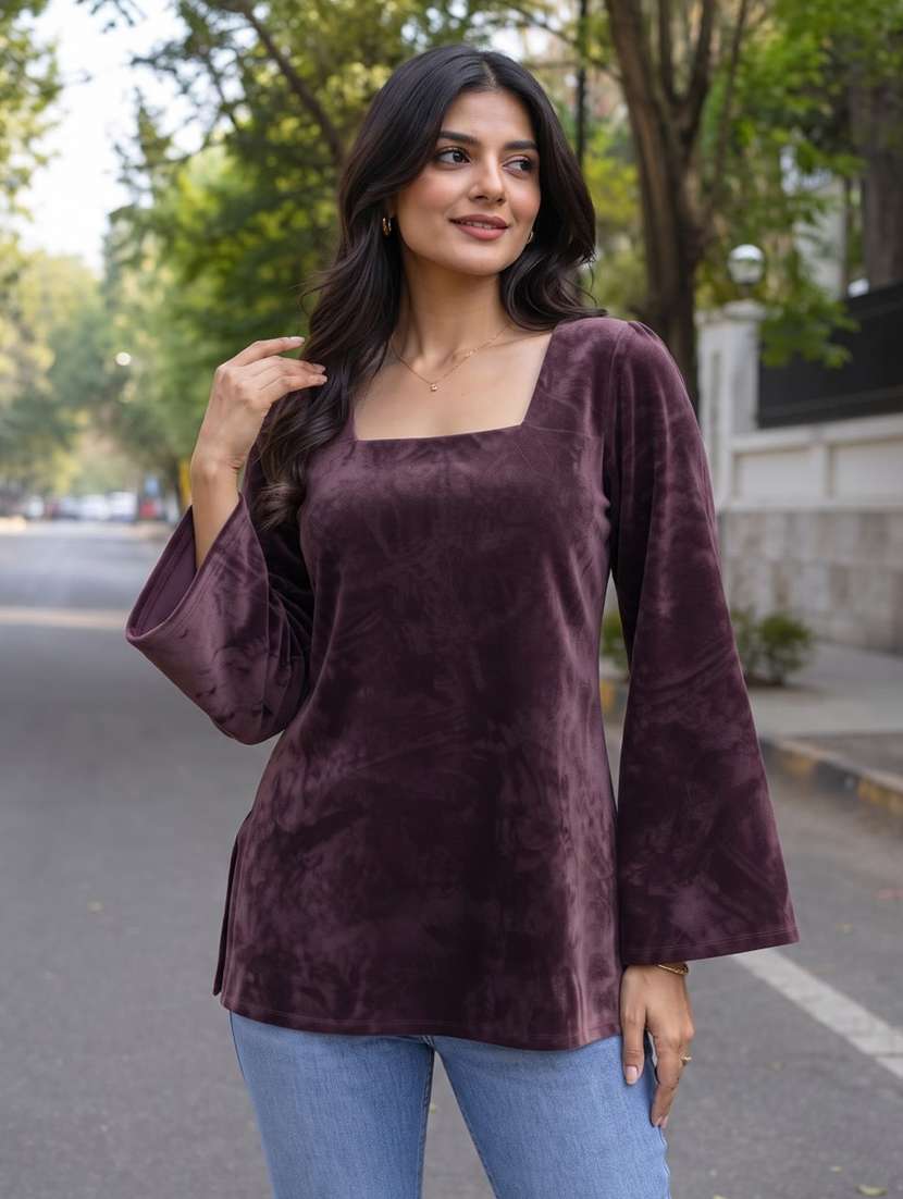women solid flared sleeve kurti