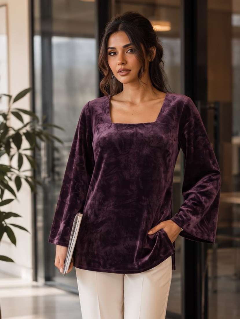 women solid flared sleeve kurti