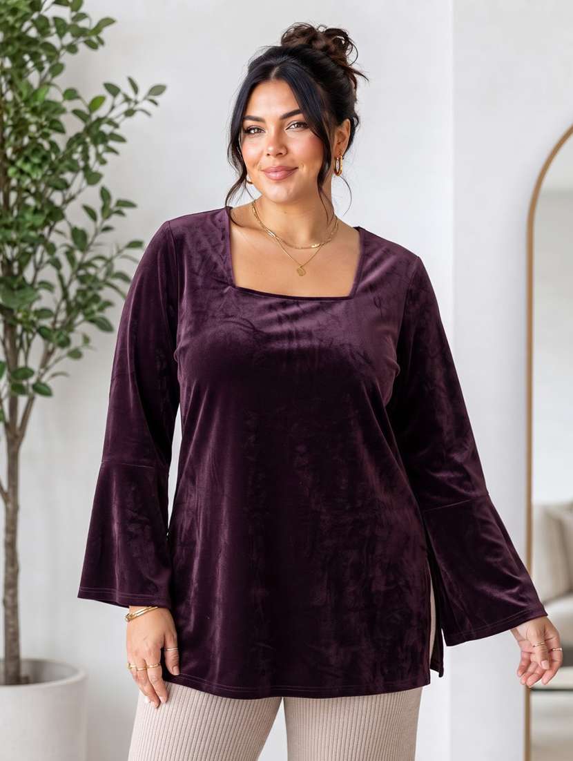 women solid flared sleeve kurti