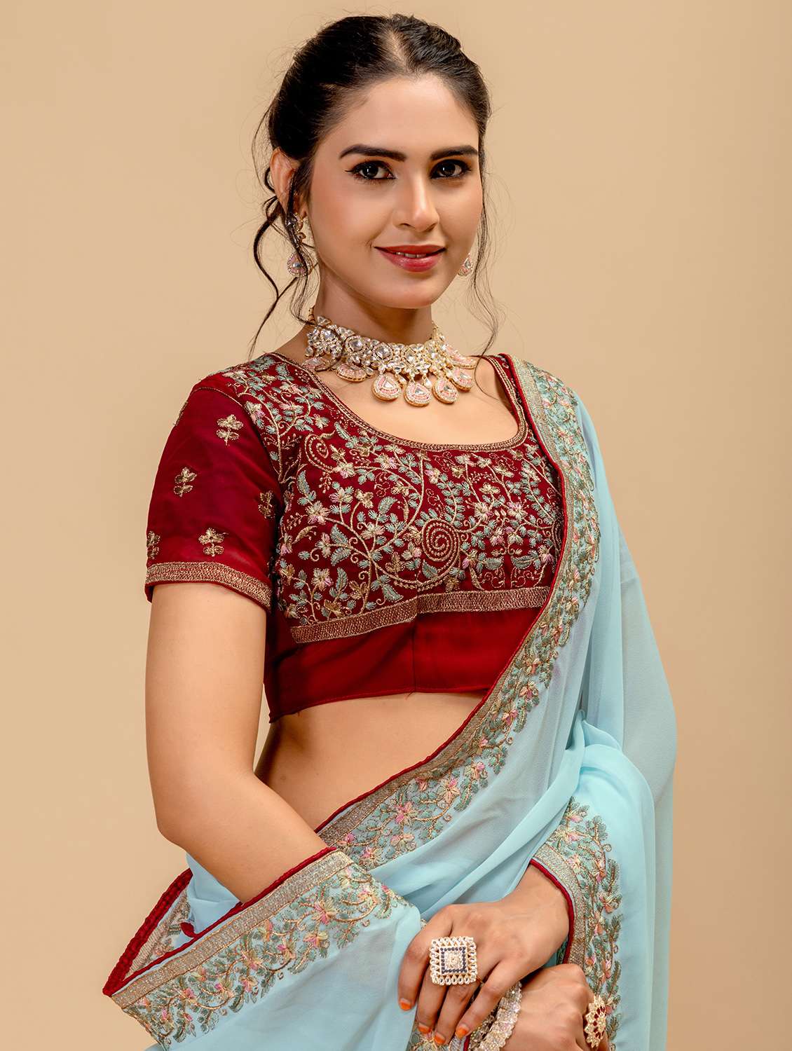 Women Solid With Bordered Saree With Blouse - 22729509 -  Standard Image - 5