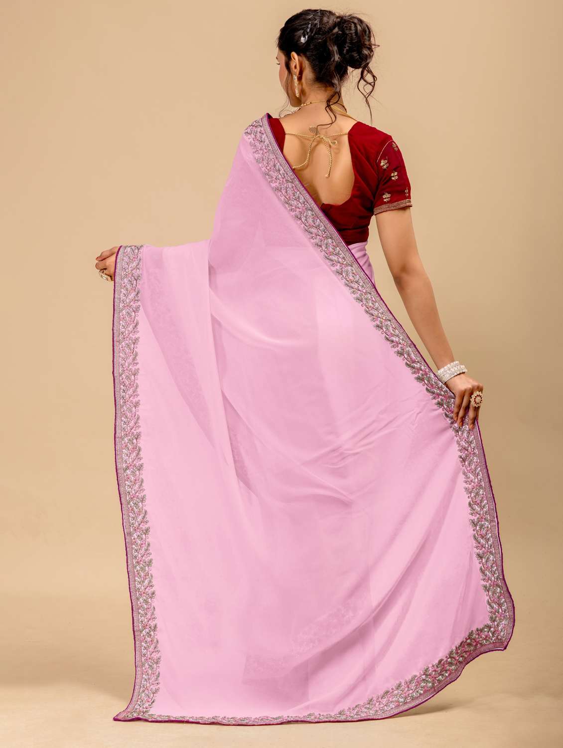 Women Solid With Bordered Saree With Blouse - 22729512 -  Standard Image - 3