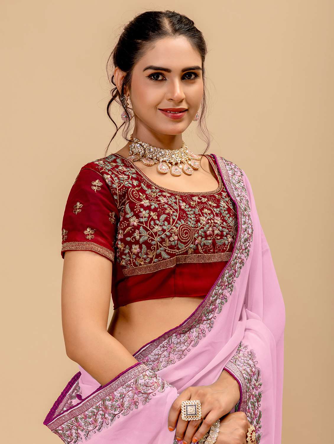 Women Solid With Bordered Saree With Blouse - 22729512 -  Standard Image - 5