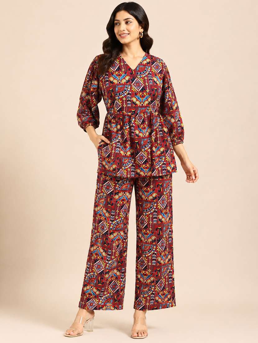 women printed three quarter sleeves ethnic co-ord set