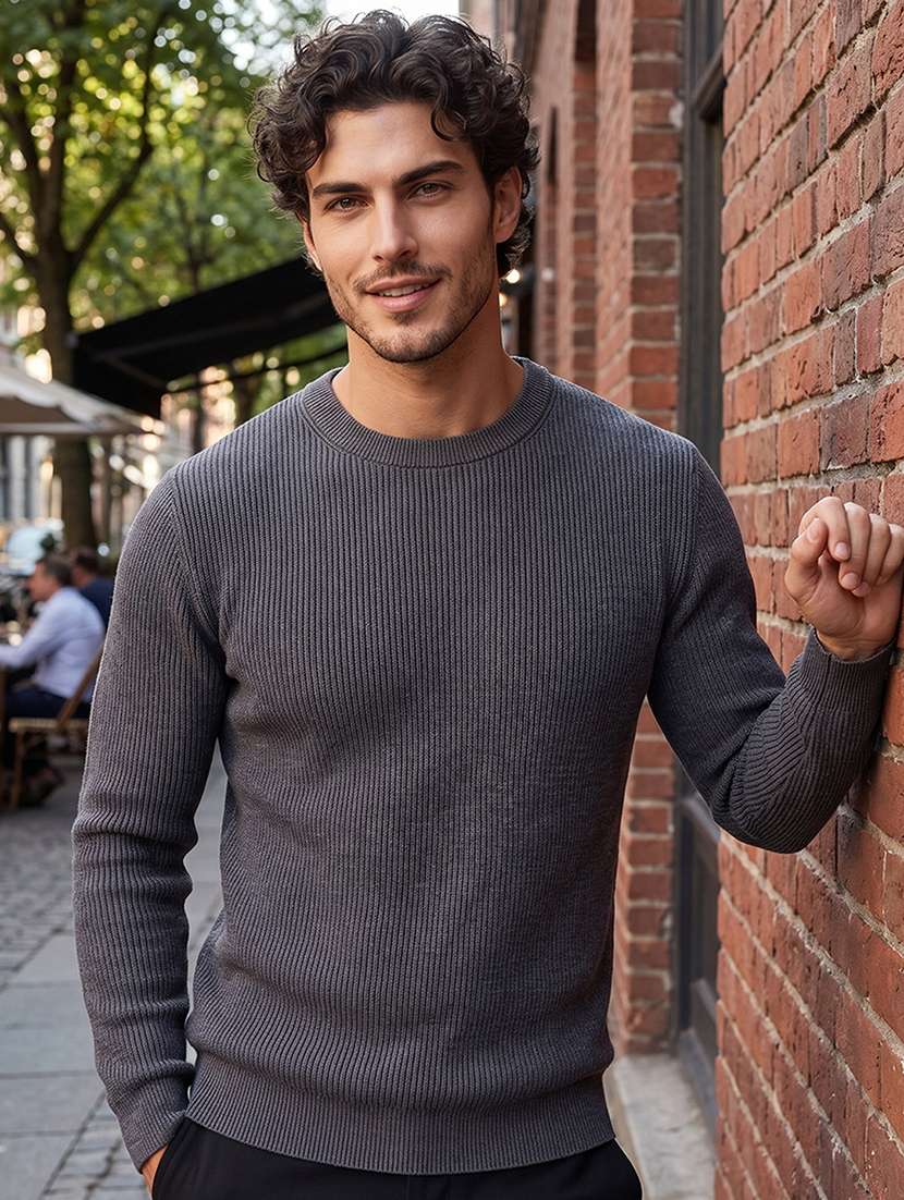 men self design long sleeve regular fit pullover