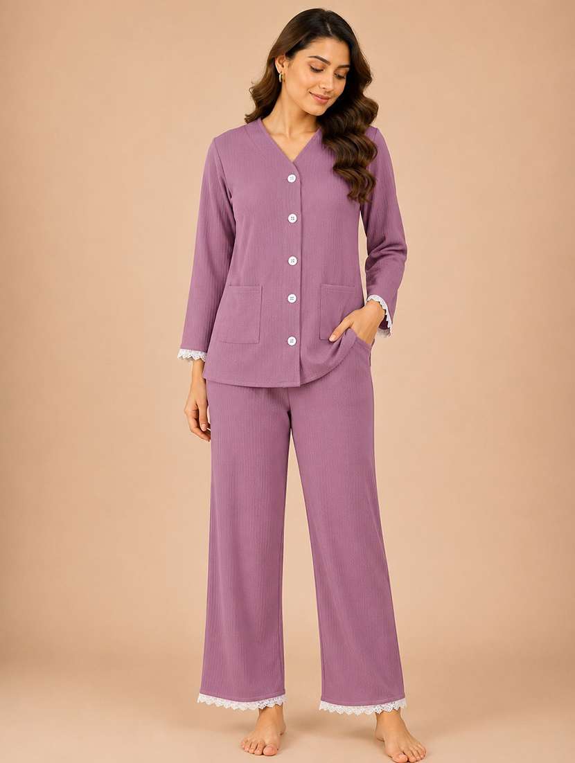 women solid long sleeves pyjama set