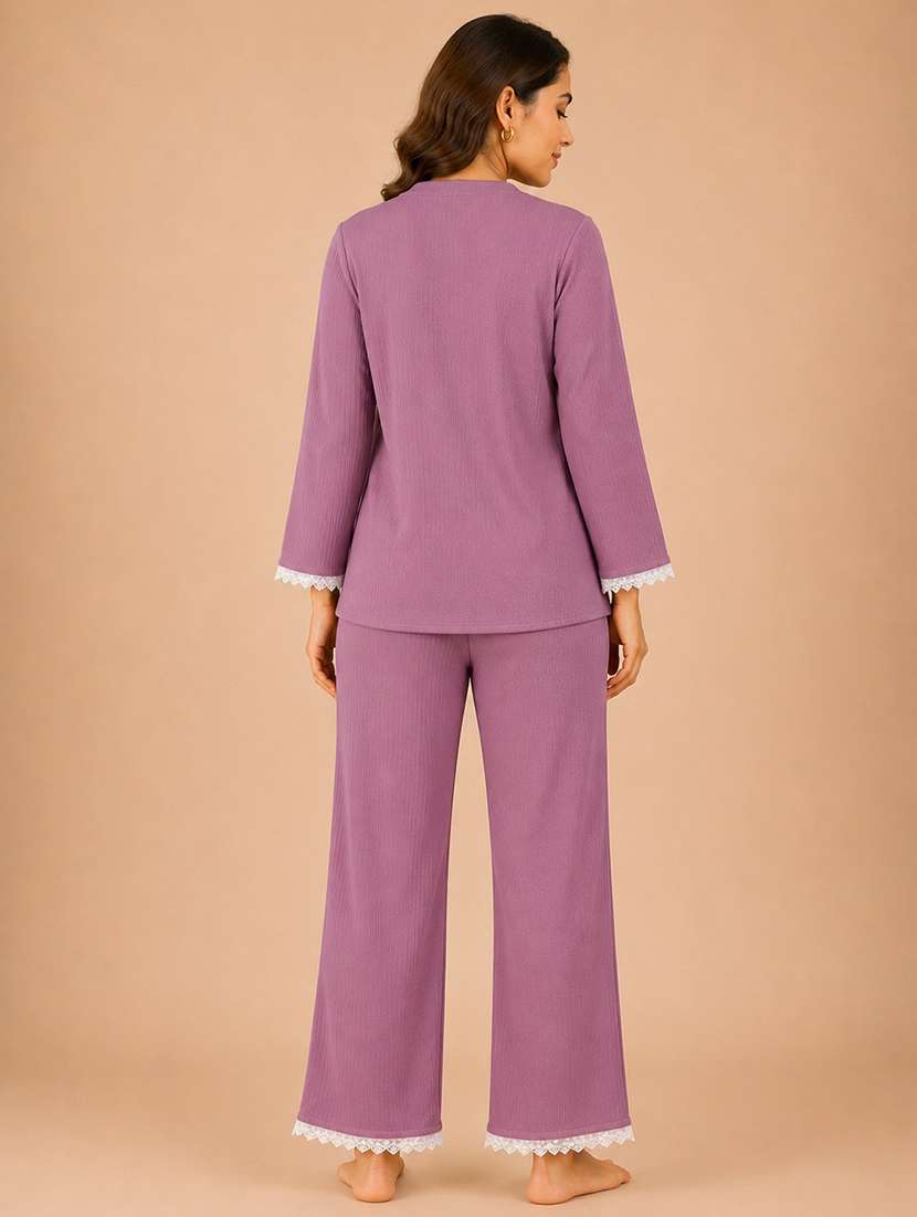 Women Solid Long Sleeves Pyjama Set - 22729699 -  Standard Image - 3