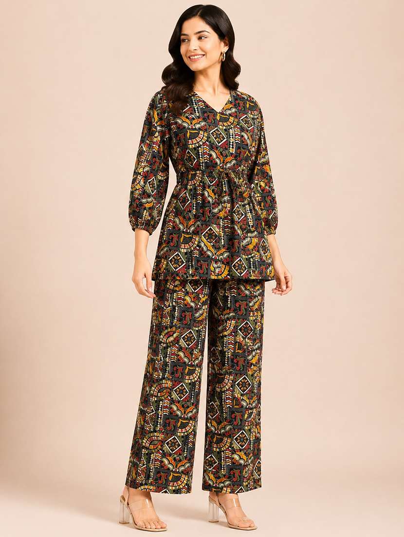 women printed three quarter sleeves top and trouser co-ord set