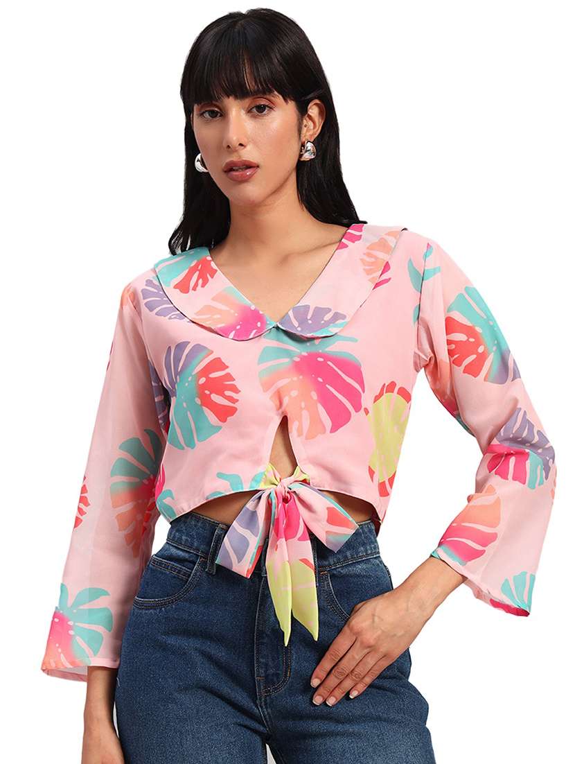 women printed three quarter sleeves crop top
