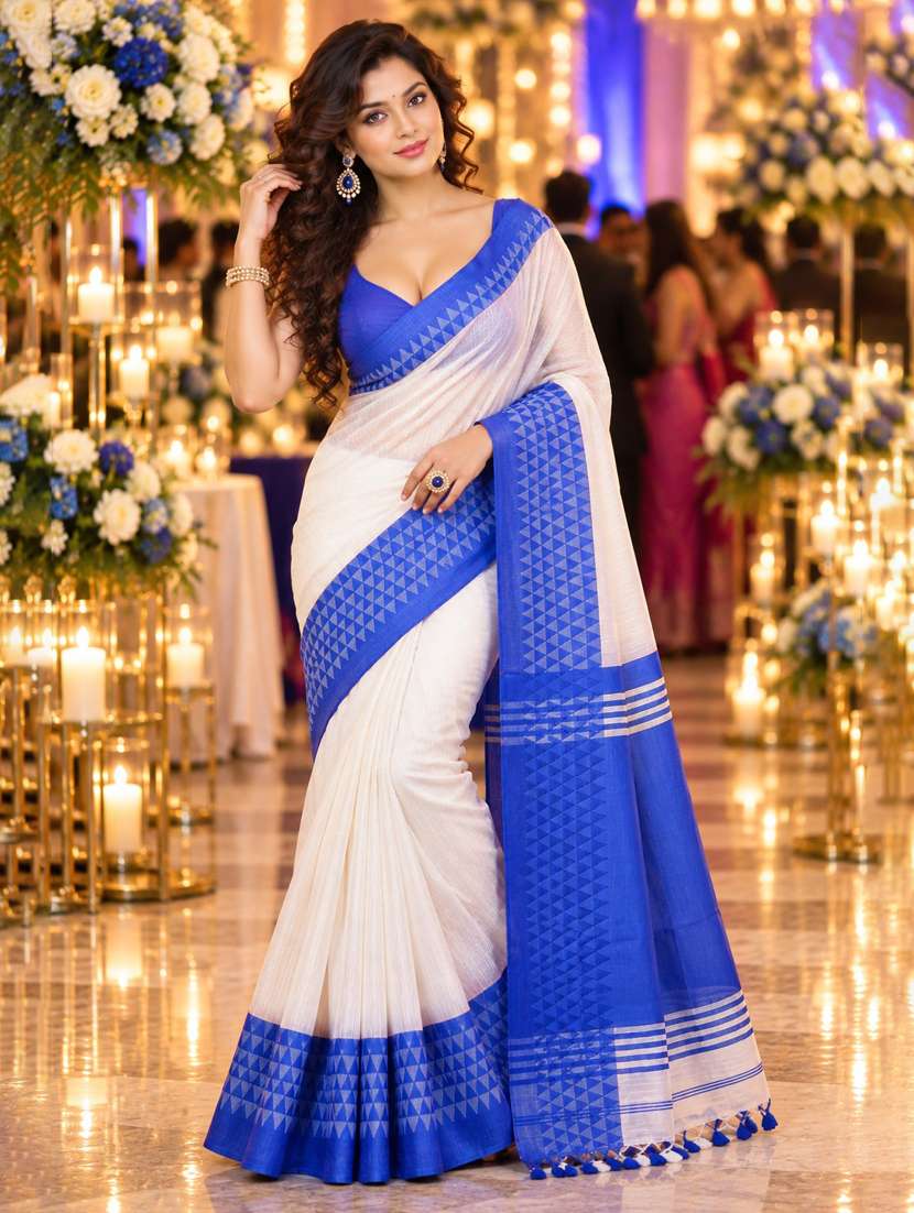 women solid with bordered saree with blouse