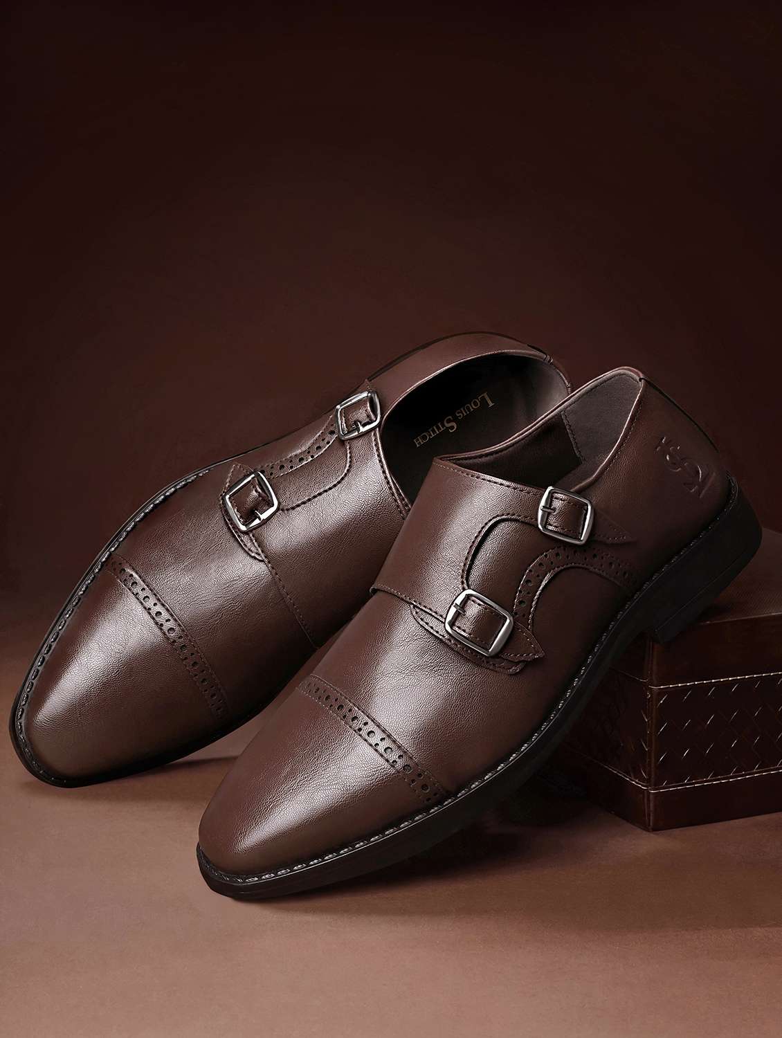 men brown slip on monk strap