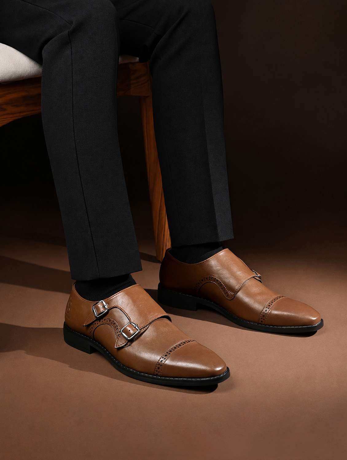 men tan slip on monk strap