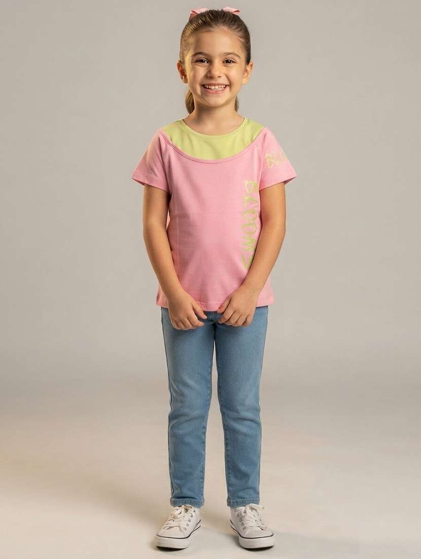 girls colourblocked short sleeves regular fit tee