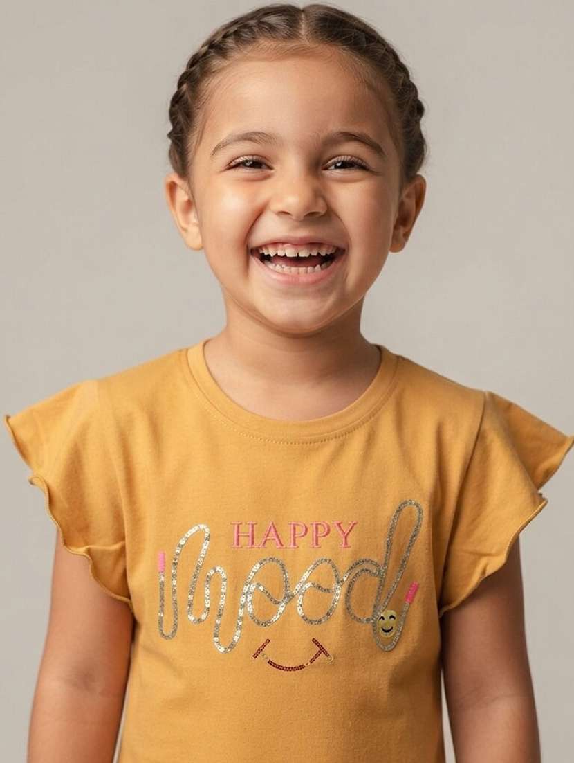 Girls Printed Flutter Sleeves Regular Fit Tee - 22730081 -  Standard Image - 5